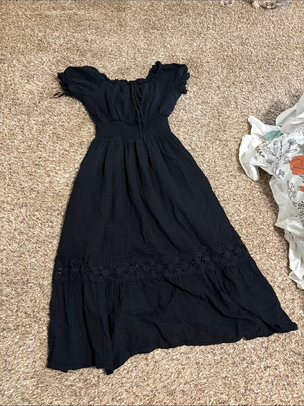Black Smocked Maxi Dress with Eyelet Detail